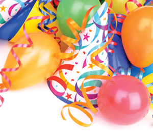 various colored party balloons and ribbon